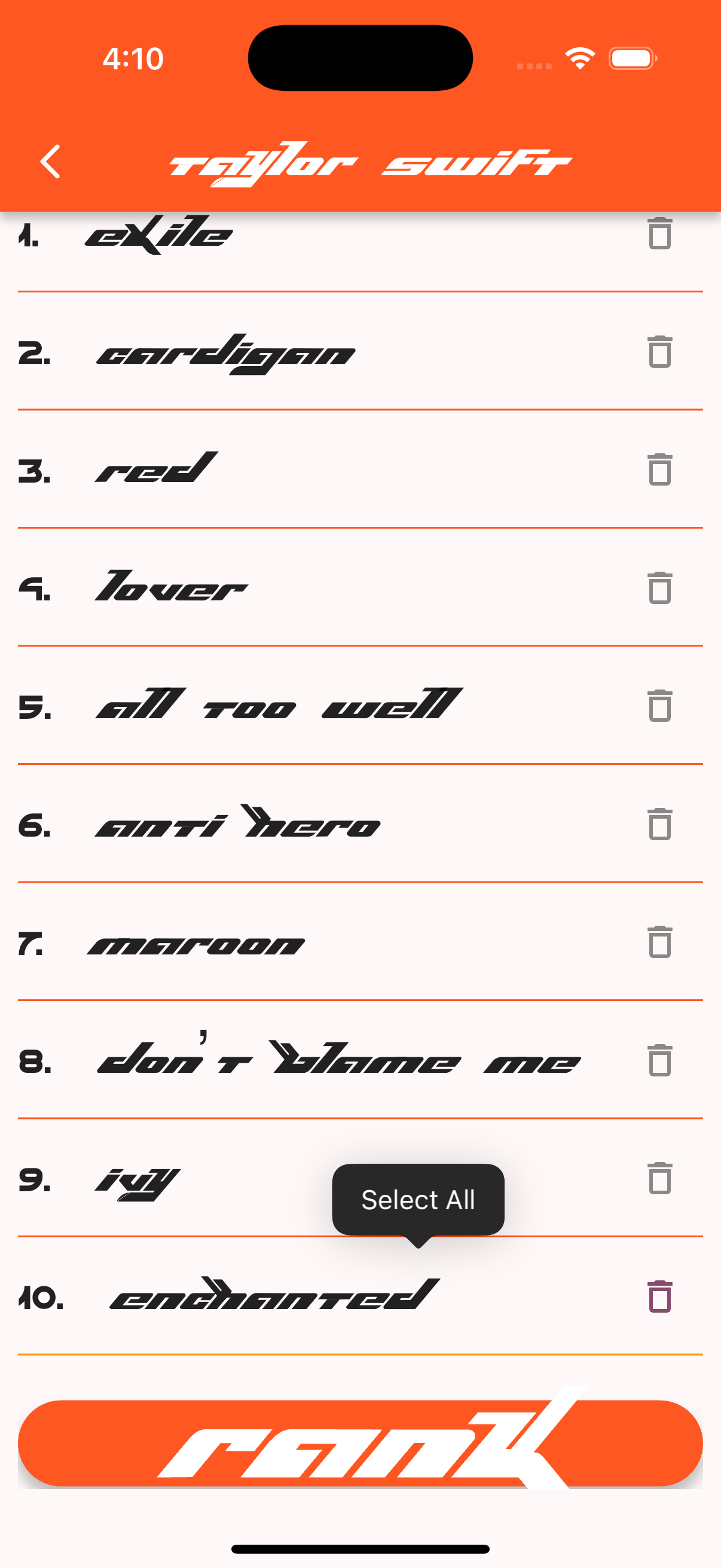 Rank your favourite Taylor Swift songs